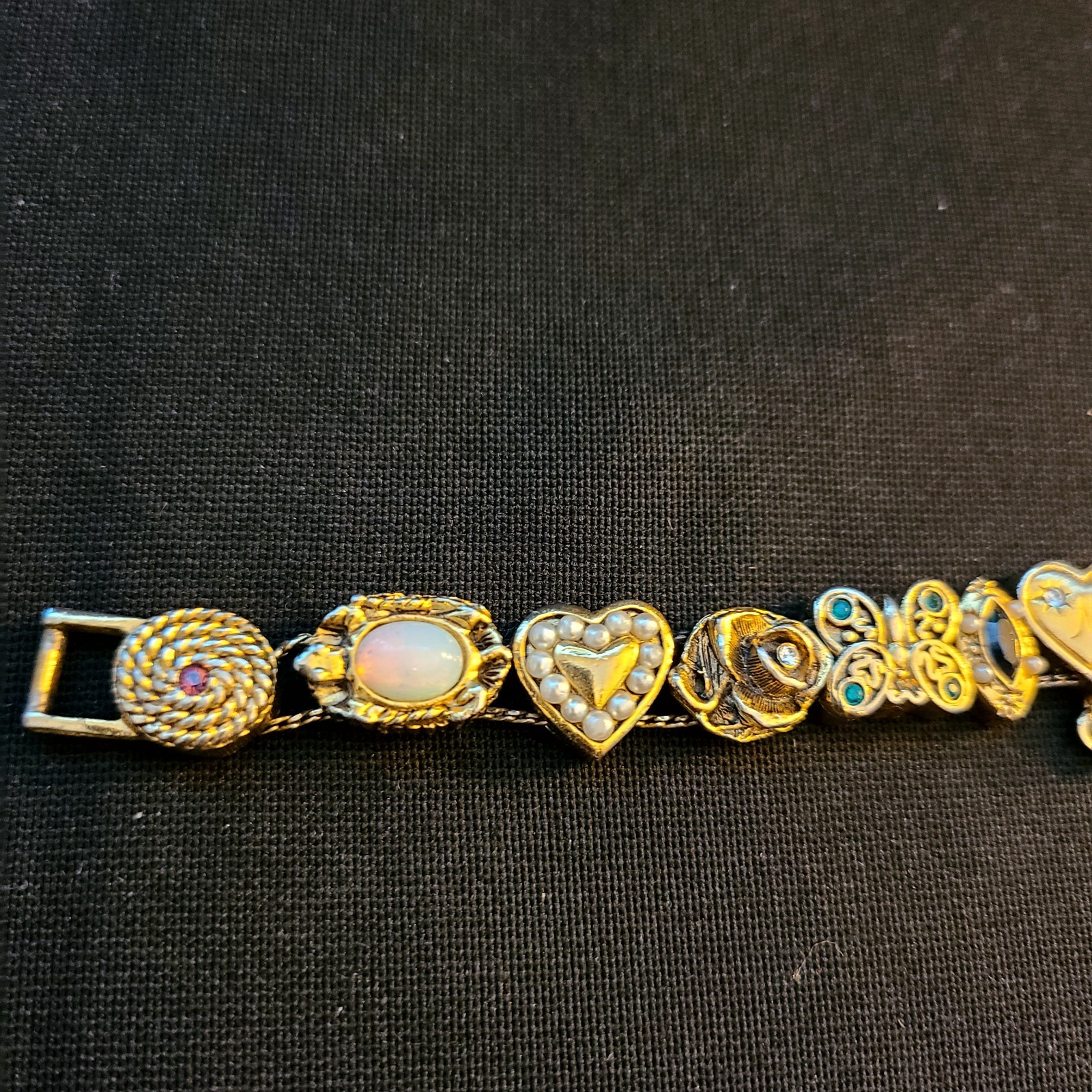 Vintage Victorian Gold Tone Slide Bracelet (14) Charms Mom Cameo Butterfly Heart