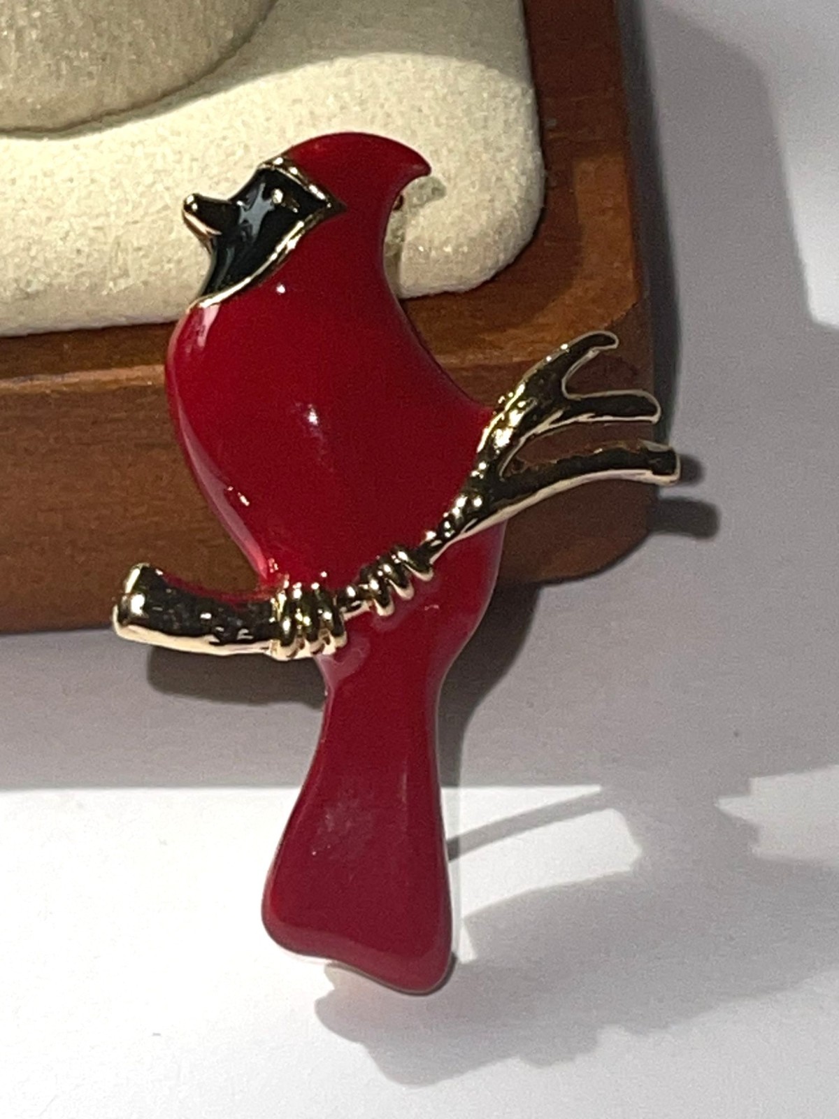 Cardinal Bird Brooch Pin With Gold-Tone Branch Red Enamel Finish