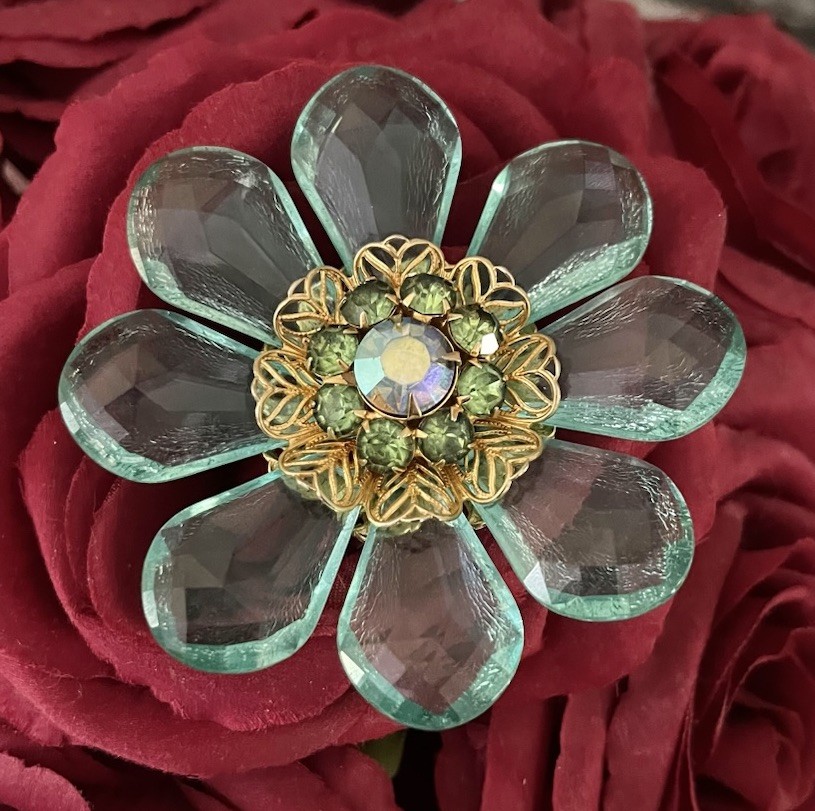 Vintage Mid Century Jumbo Lucite AB Blue Green Aqua Crystal Flower 3” Brooch
