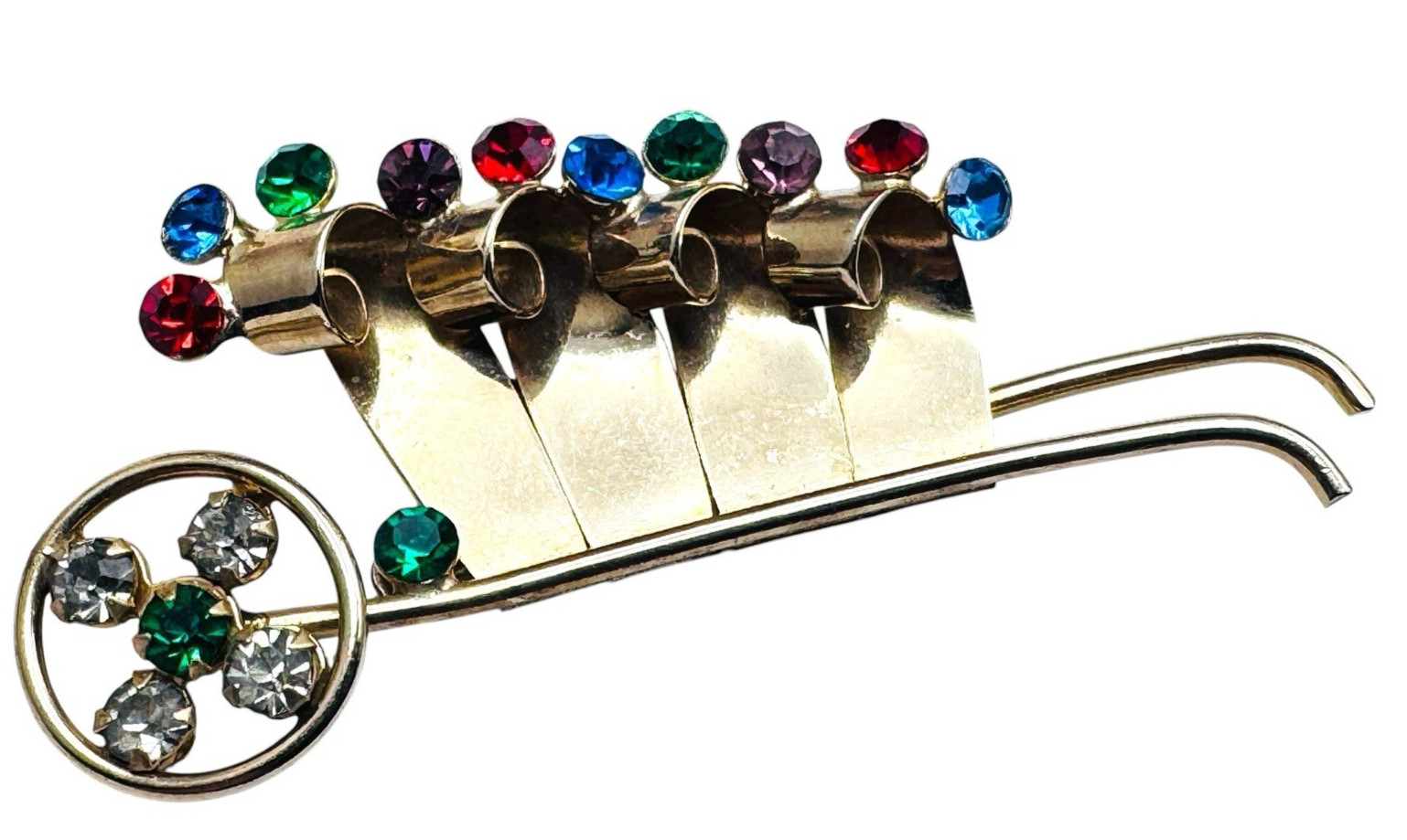 Vintage Coro? Rhinestone Jeweled Wheelbarrow Cart Brooch Very nice