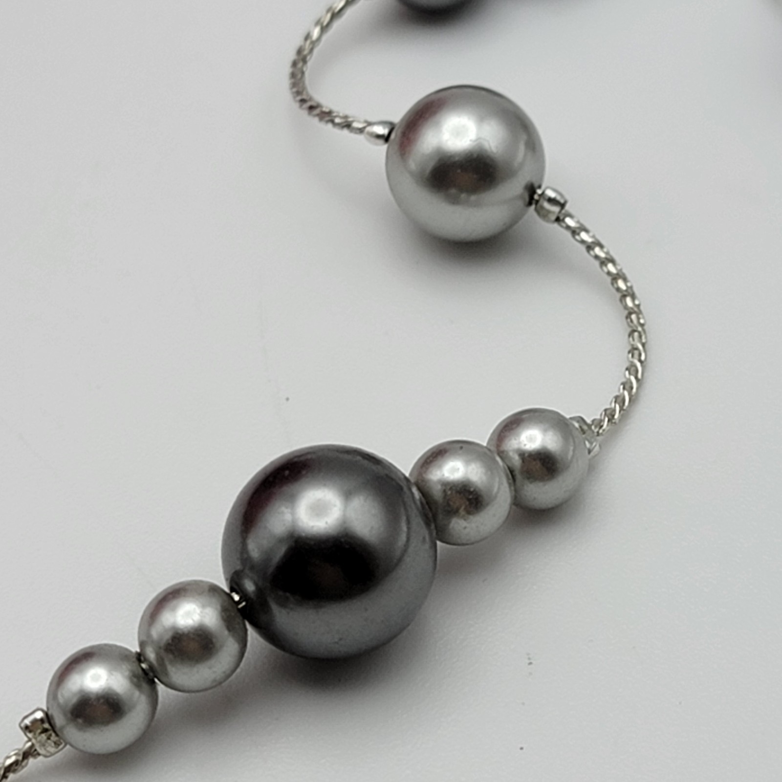 Vintage RMN Silver And Gray Tone Faux Pearl Station Chain Necklace 36″ Flapper