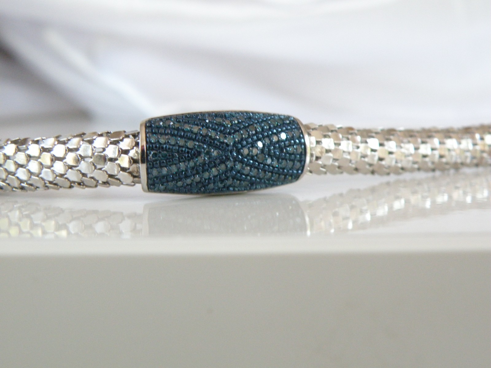 Sterling Silver 925 Natural Irradiated Blue Diamond Mesh Popcorn Bracelet 7″