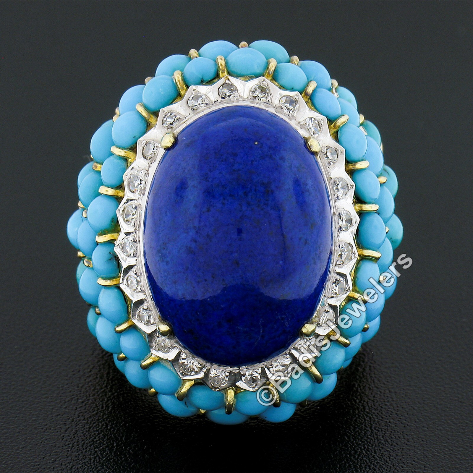 Vintage 14k Gold Cabochon Lapis Turquoise Bead & Diamond Textured Cocktail Ring