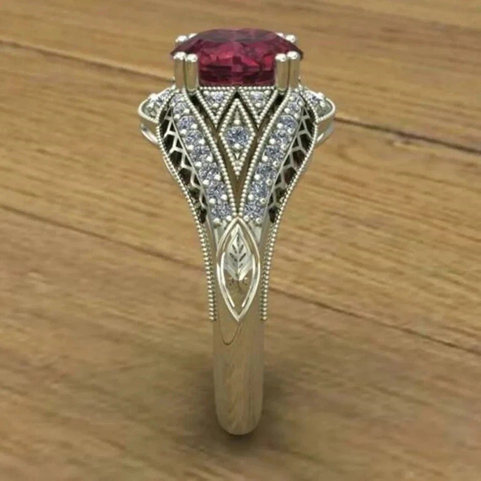 Art Deco Style Oval Lab Created Diamond Ruby 14K White Gold FN Engagement Ring