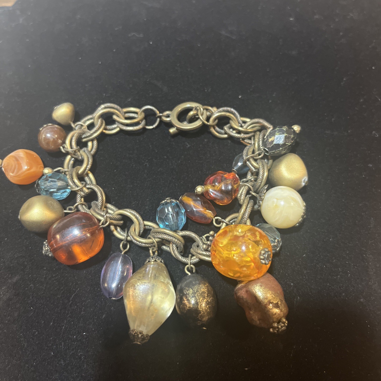 Vintage Bronze Color Faux Gemstone Resin Beads Charm Bracelet Toggle Closure 8”