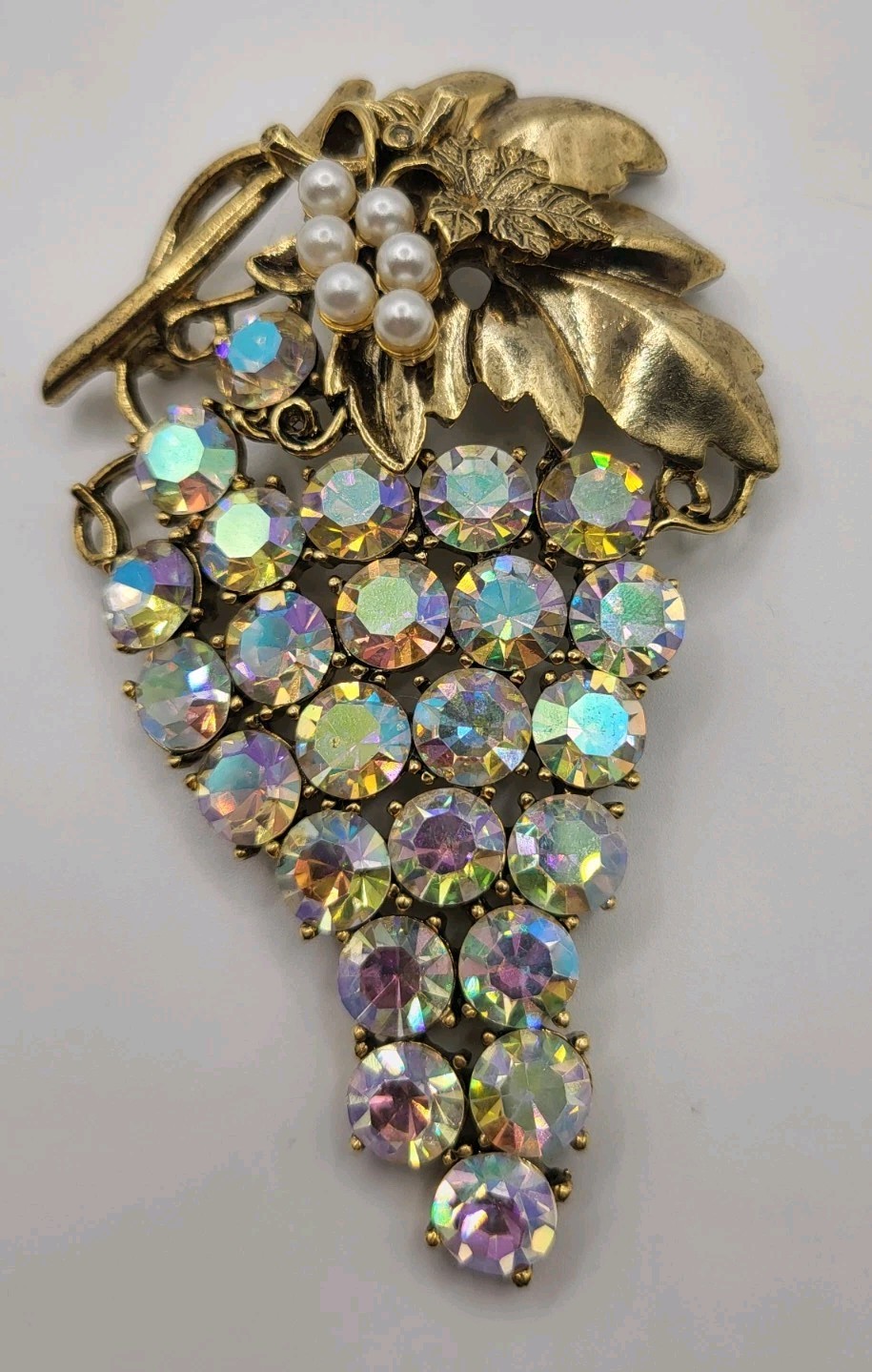 Vtg CRAFT 2 Pc Pearls AB Rhinestone Grapes Gold Plate Lg Brooch Post Earrings