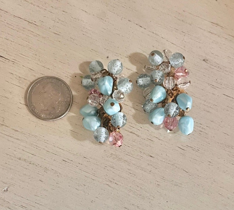 Vintage Aqua Light Blue Pink Beaded Cluster Crystal Clip On Statement Earrings