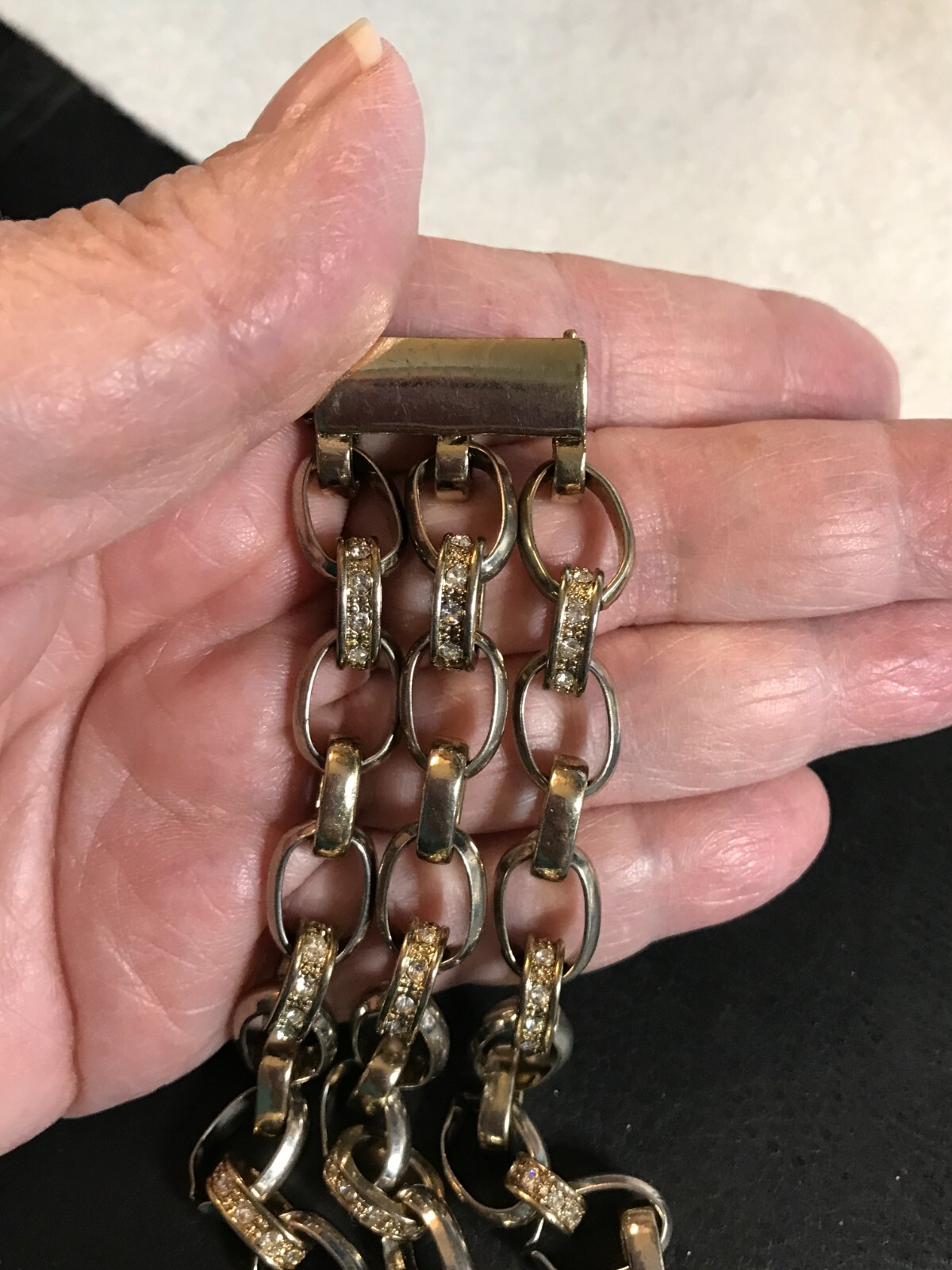 Vintage 2-Tone 3-Strand Bracelet w/ Rhinestone Links & Magnetic Clasp w/ Safety