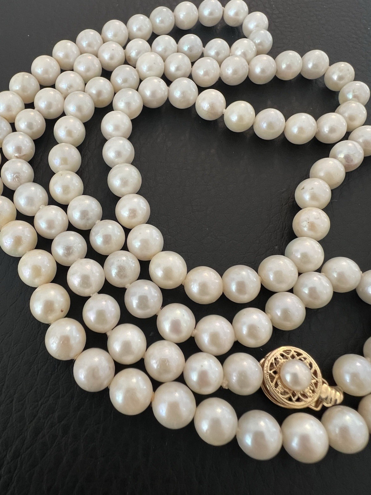 Vintage Estate 6MM Pearl 30″ Long Knotted Necklace 14K Yellow Gold Clasp