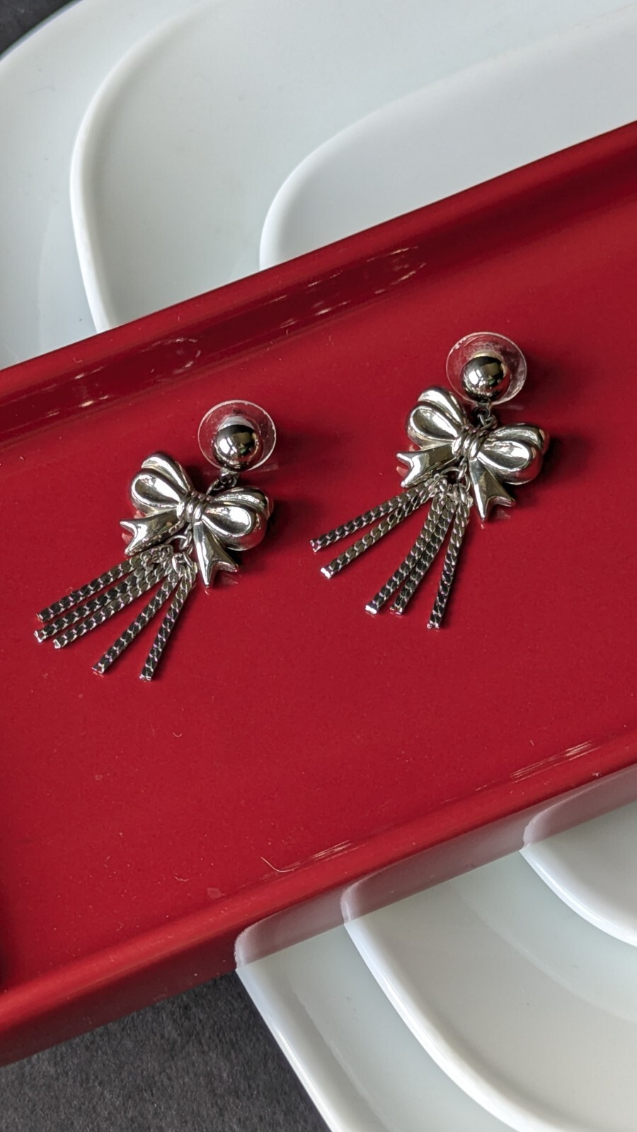 Vintage Silver Tone Ribbon Bow Tie Tassel Chain Charm Drop Stud Dangle Earrings