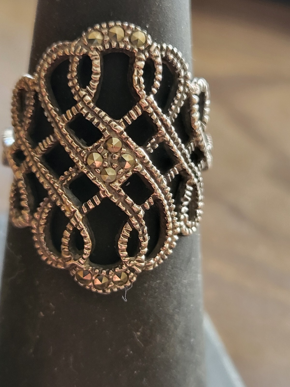 Vintage CW 925 Sterling Silver Scrolled Filigree Beaded Marcasite Ring Size 6.5