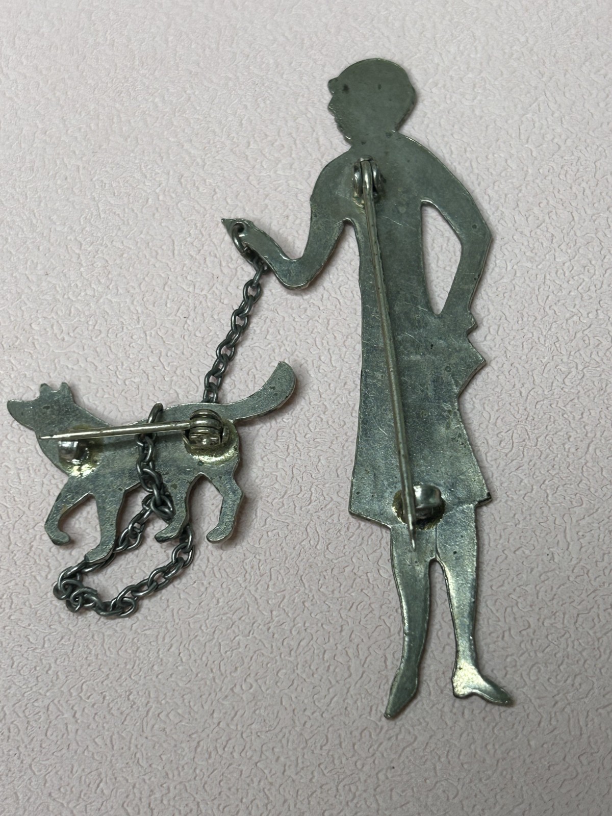 Antique Art Deco Lady Walking Dog Brooch Pin Silver Tone Flapper 1920s