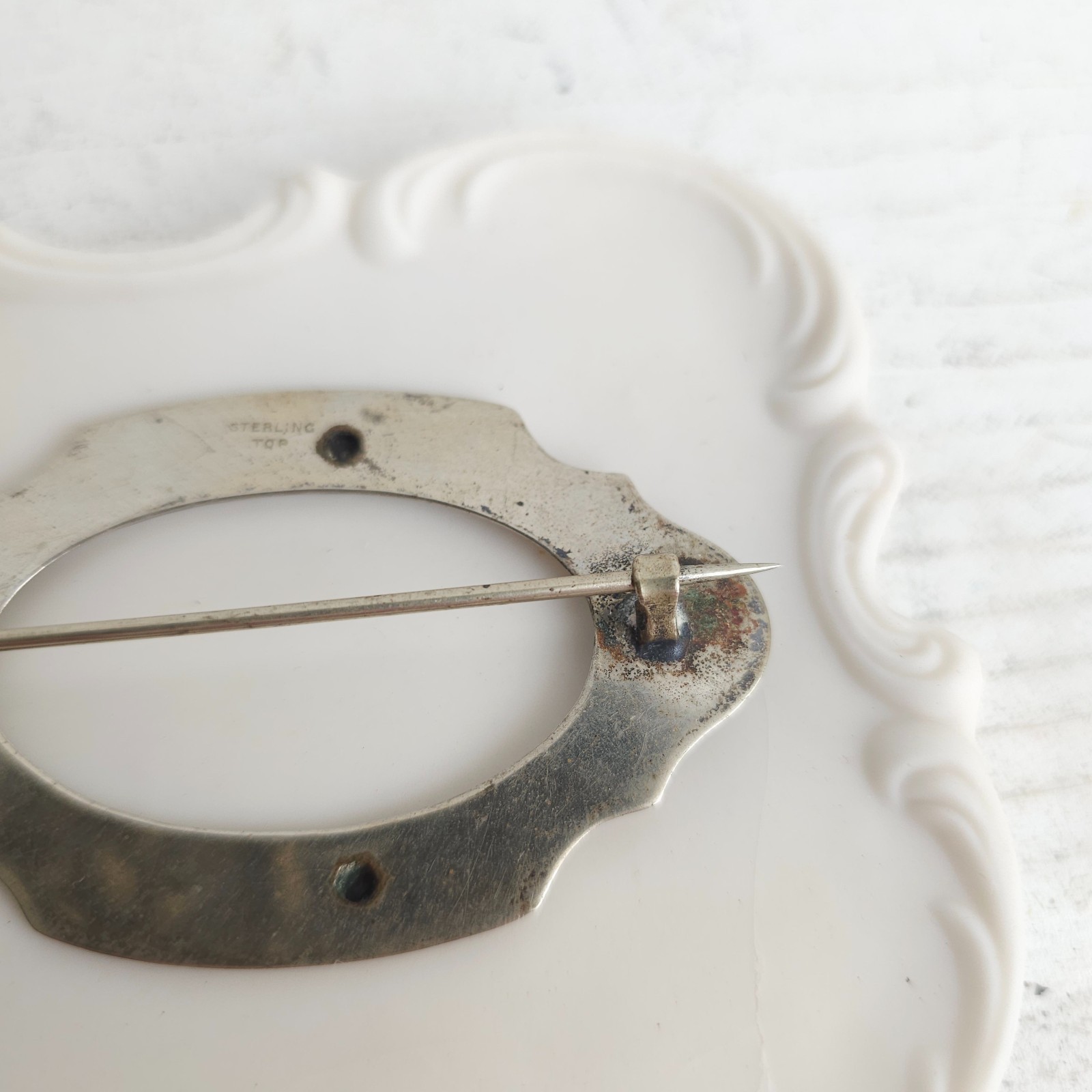 Vintage Antique Victorian Sterling Silver Top 925 Belt Buckle Brooch Pin C Clasp