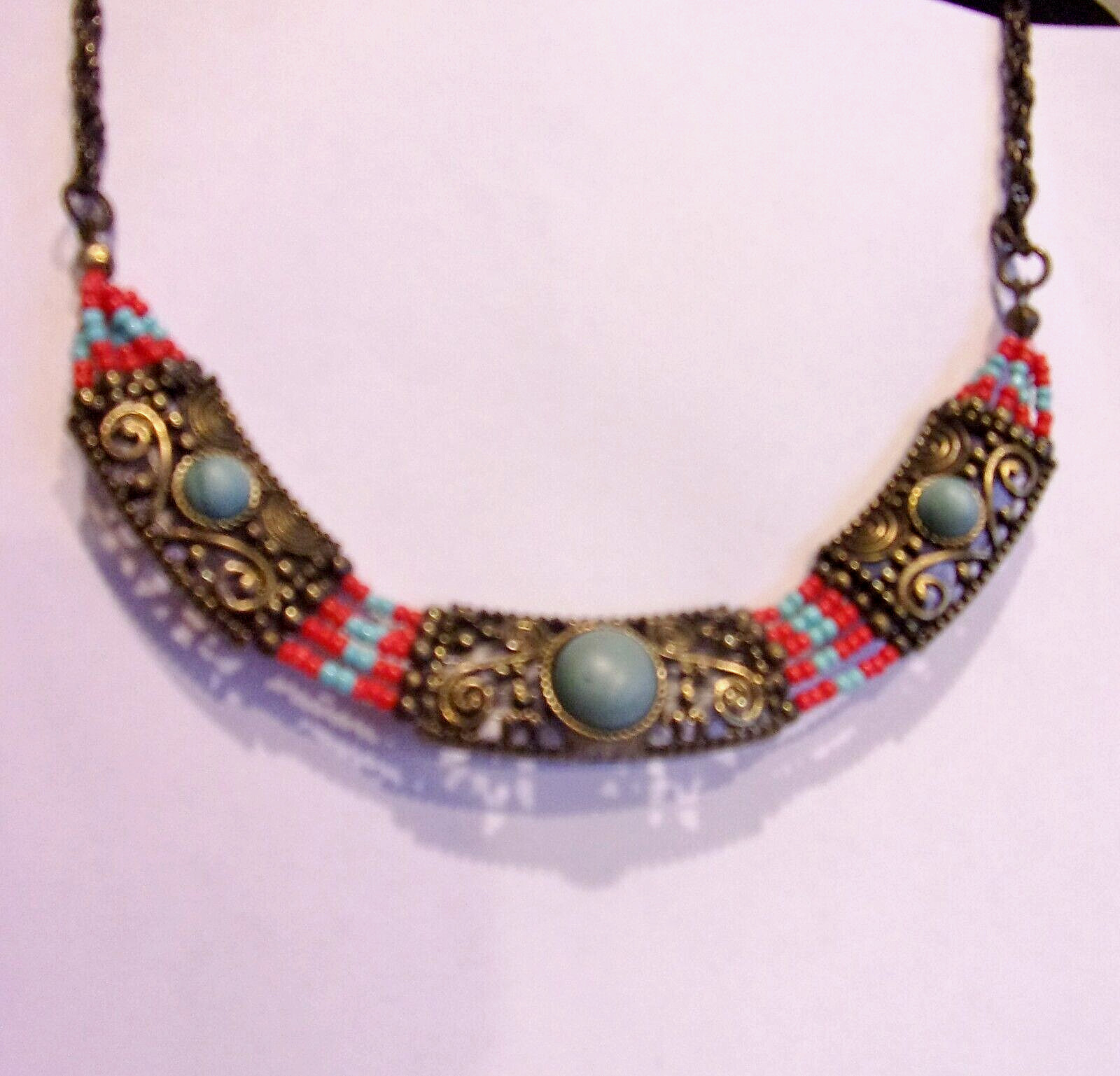 Vtg 90’s Egyptian Revival Inspired Blue Howlite & Glass Beed Collar Necklace