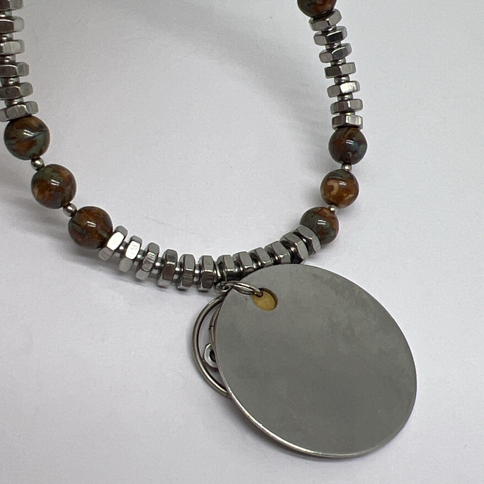 Vintage Modernist Geometric Disk Pendant Necklace Industrial Metal Resin Bead