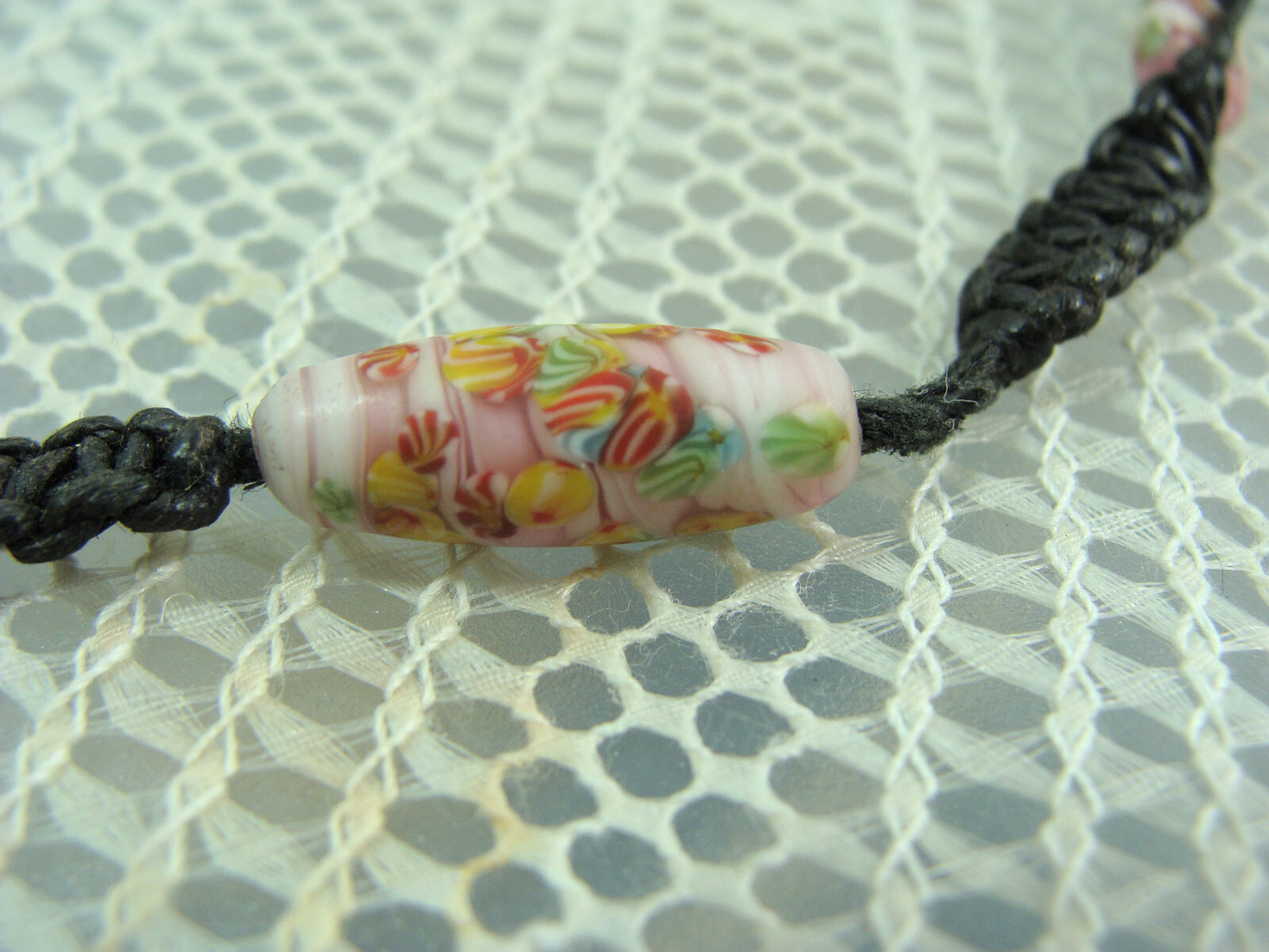 Vtg Millefiori Glass Bead Faux Pearl Hemp Macrame Bohemian Hippy Choker Necklace