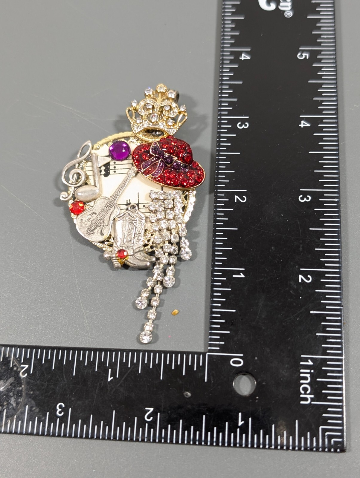 Vintage Artisan Red Hat Rhinestone Music Note Boot Spoon Pendant