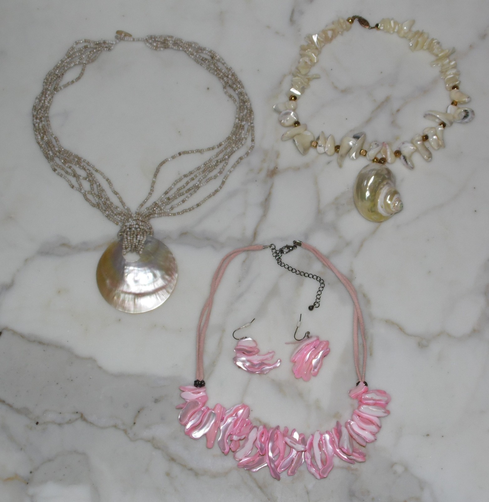 Lot of 4 Vintage Sea Puka Shell Necklace Earrings Seashell Jewelry