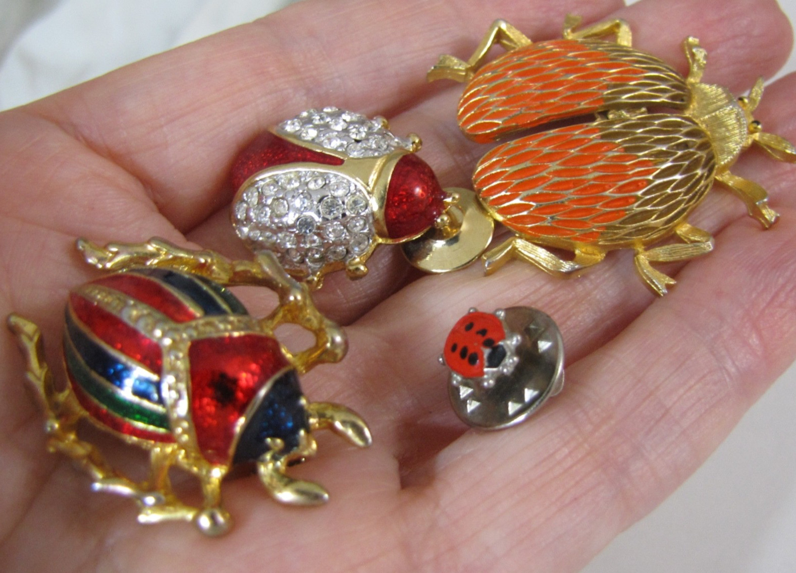 Vintage Enamel Beetle Pin Brooch Lot Gold Tone Lady Bug Flying Insect Rhinestone