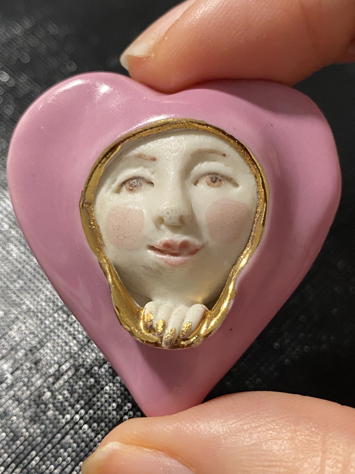 VNTG Clay Heart W/Face Getting Out Of Heart 3-D brooch Art deco Hand Made Sign