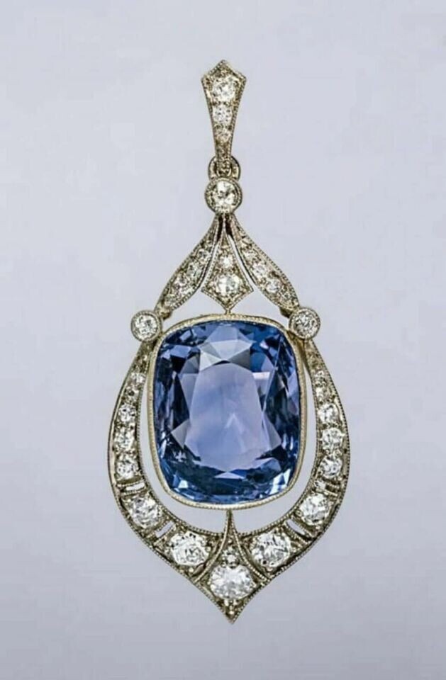 Art Deco Vintage 12.4Ct Blue Sapphire & Lab Created Diamond 925 Silver Pendant