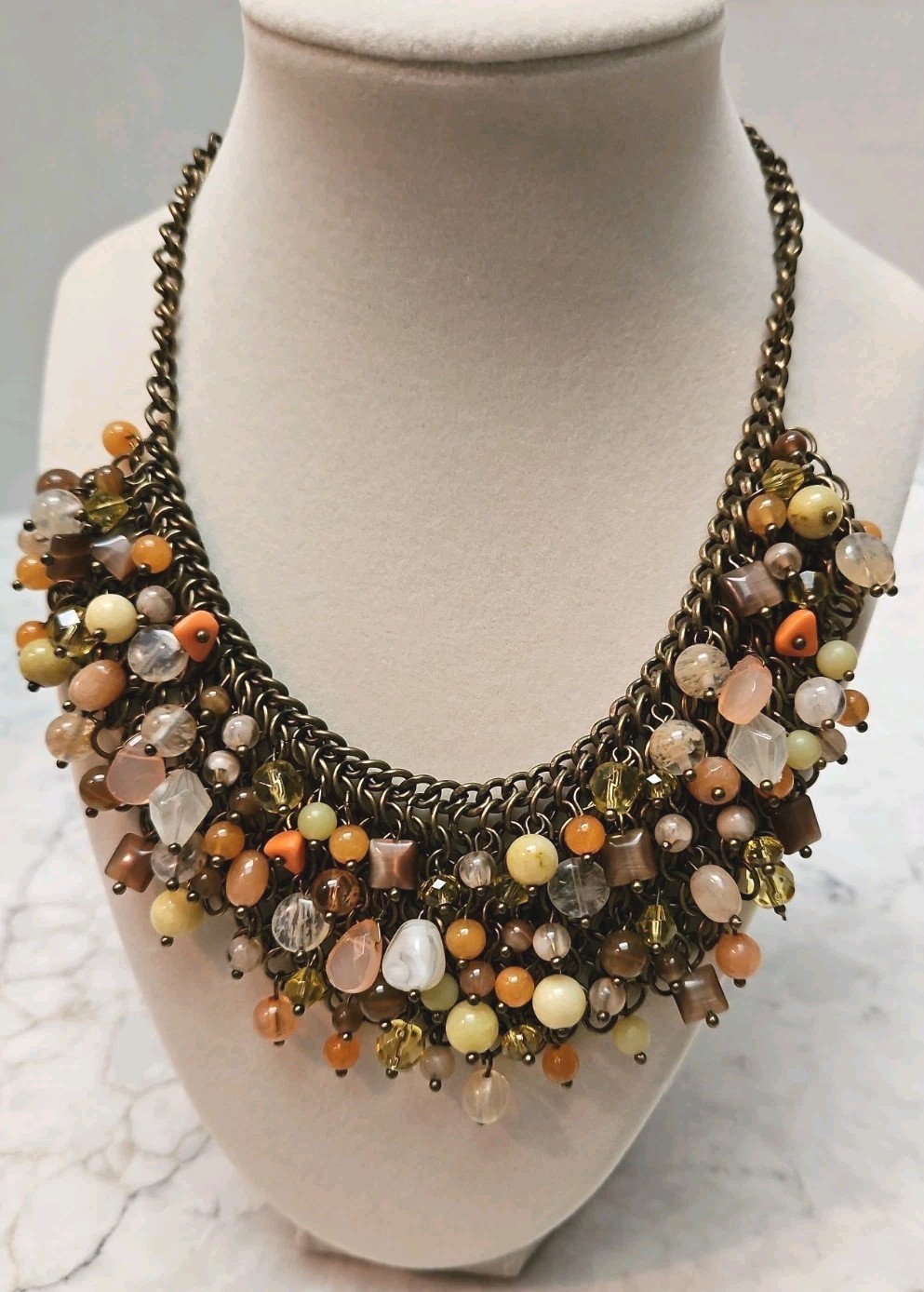Vintage Coldwater Creek Cha Cha Bib Necklace Boho Beads Copper Tone Mesh Chain