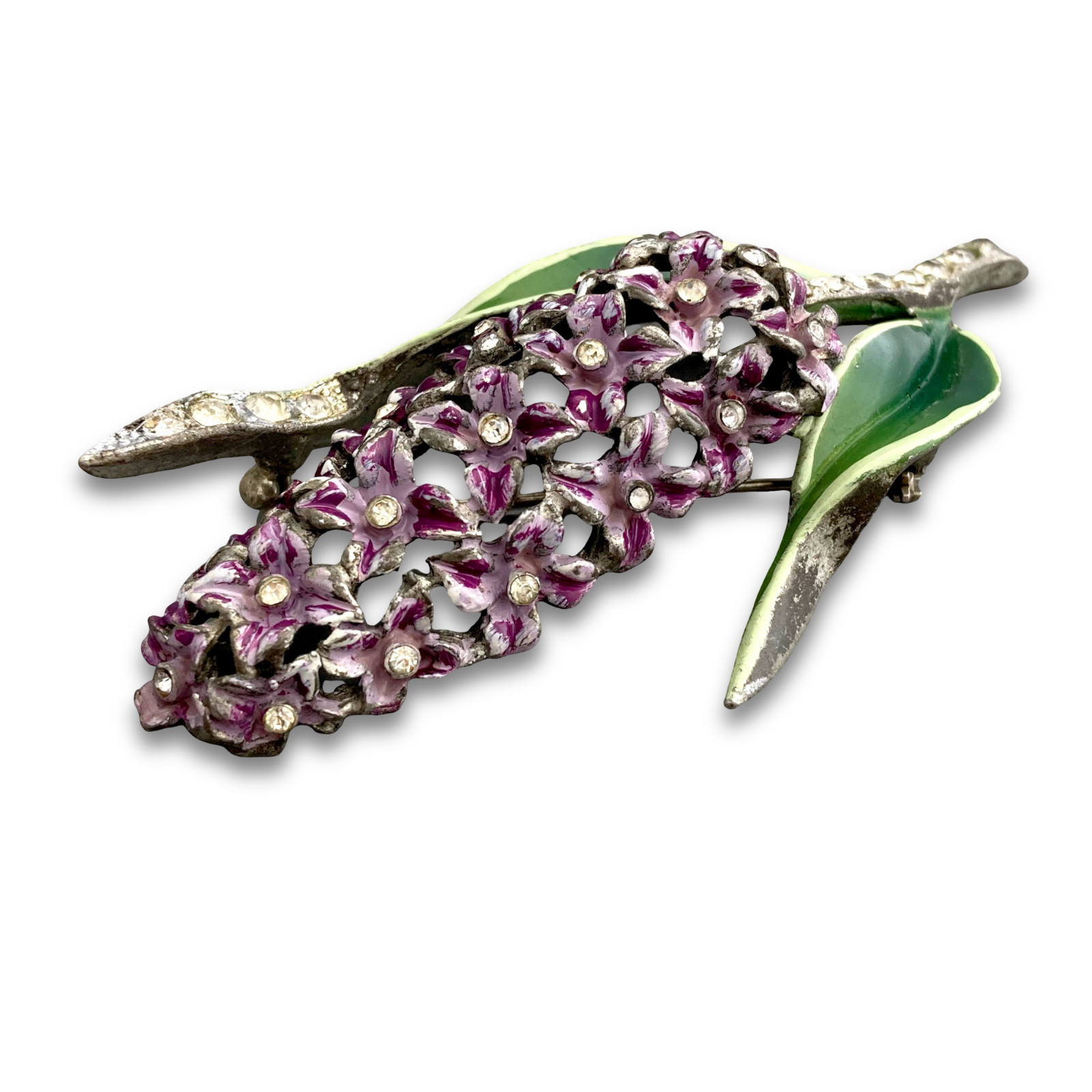 Vintage 1940s Hyacinth Purple Enamel Rhinestone Flower Figural Brooch Coro Style
