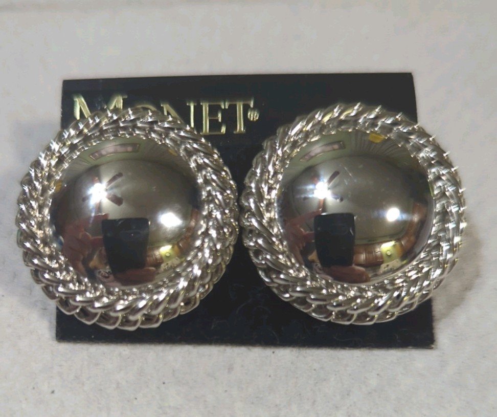 Vintage Monet Silver Tone Circle Chain Brooch Pin And Matching Earrings Inv #7
