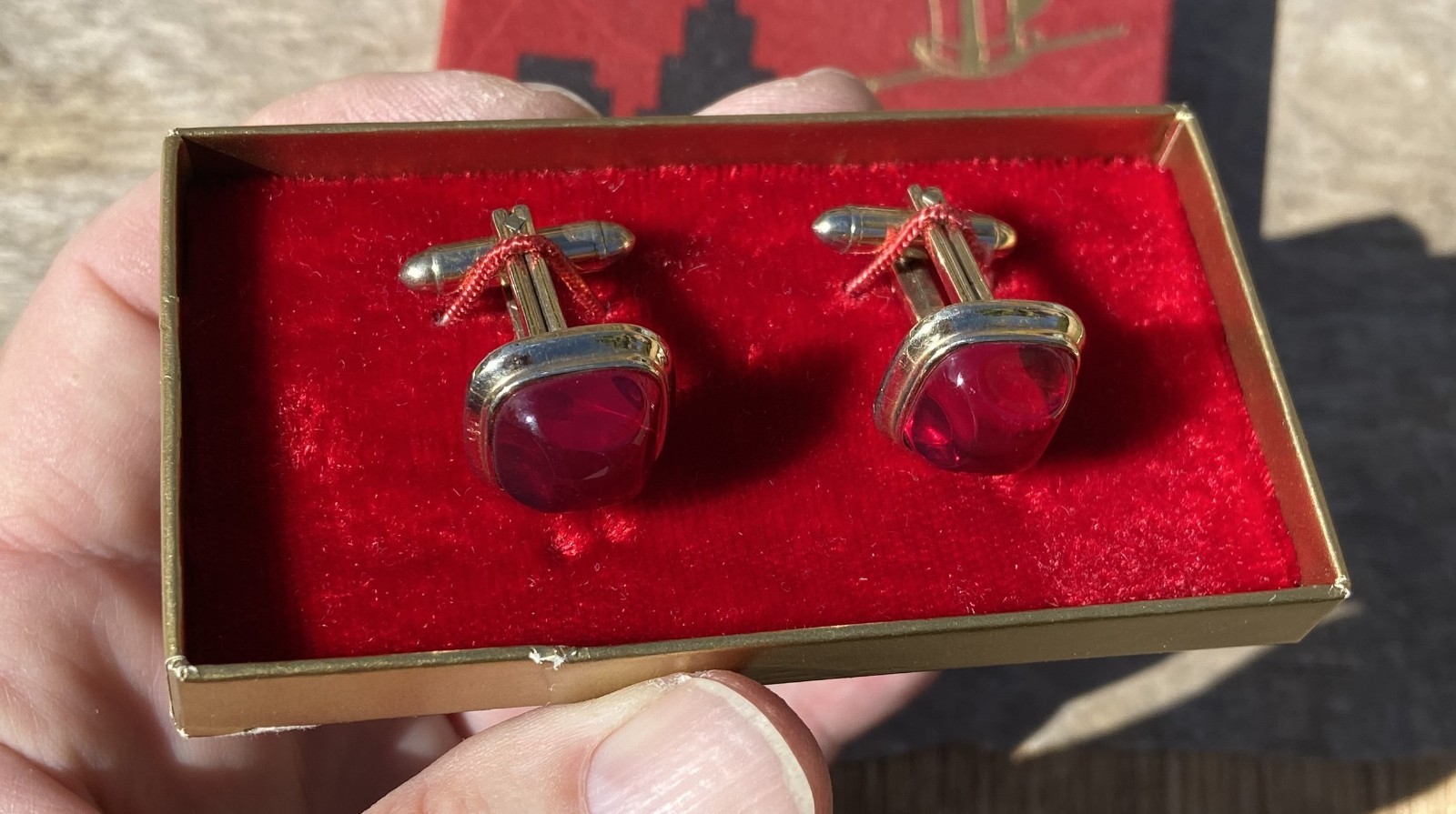 Vintage HADLEY Simulated Red Gemstone Cufflinks Original Box & Jeweler’s Label