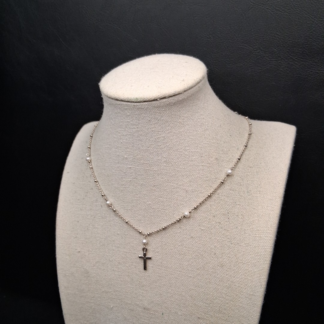 STERLING SILVER 925 Freshwater Pearl Station Necklace Cross Pendant. 17.707