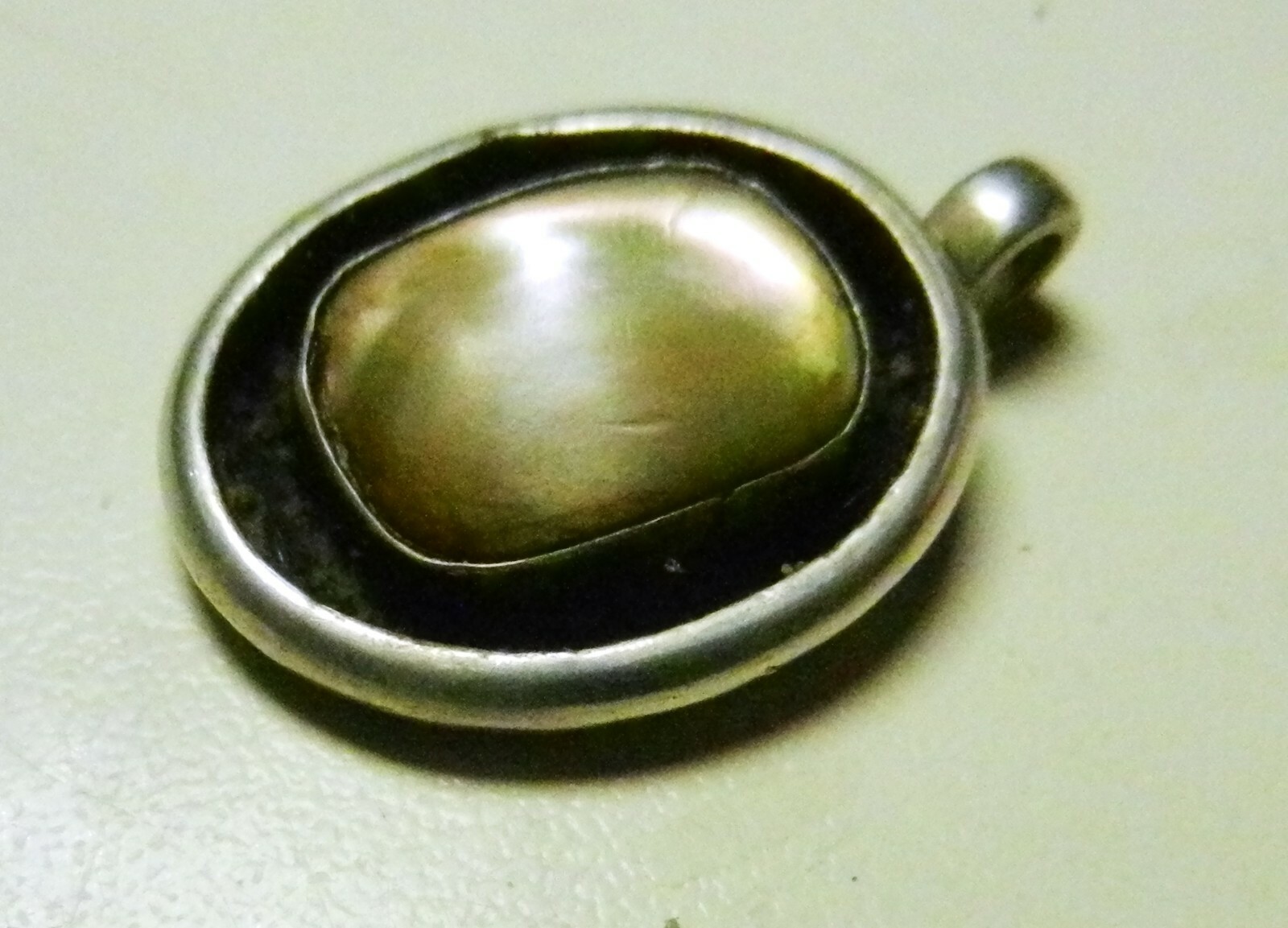 Neolithic SIGNED Sterling Silver Mother of Pearl Oval Shadow Box Pendant 1970’s