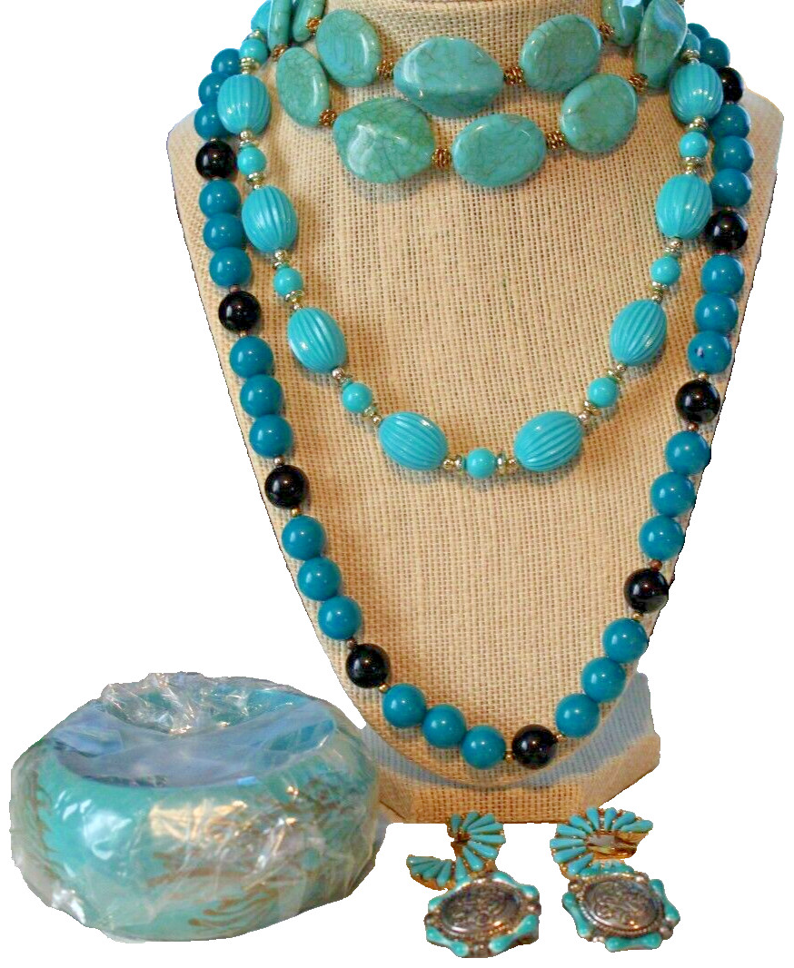 VTG LOT OF 3 TURQUOISE COLOR NECKLACES AND 2 CLIP EARRINGS + 1 WOOD BANGLE