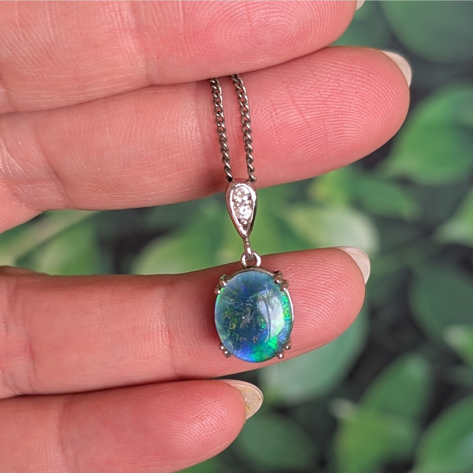 Vintage Blue Opal Sterling Pendant on Chain Oval Faux Diamond Accent Dainty 925
