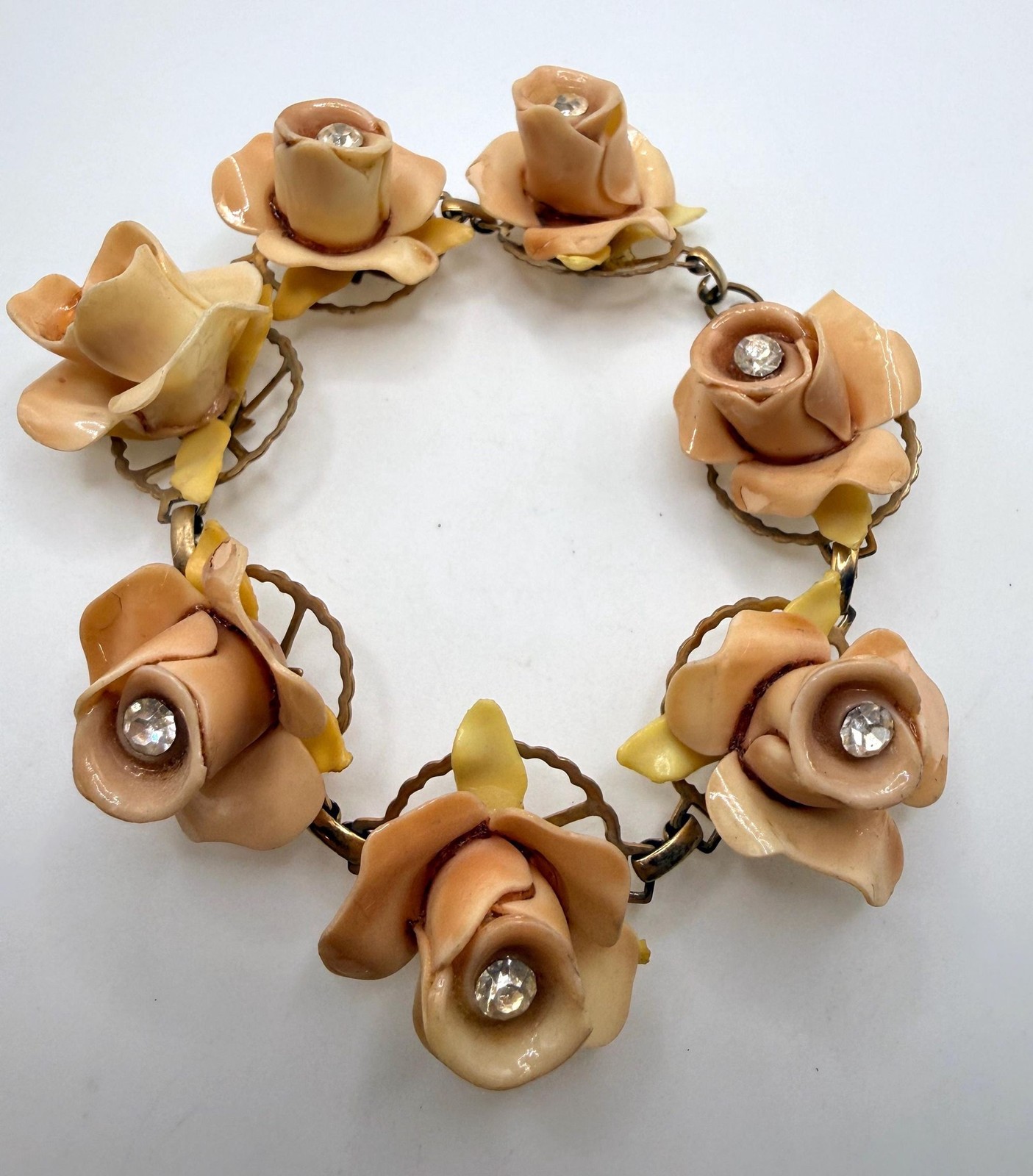 Vintage muted pink celluloid rose rhinestone bracelet