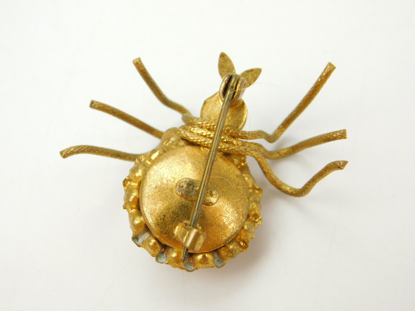 Vintage Czech Glass Speckled Red Brass Spider Brooch Pin 1 3/8″ Halloween