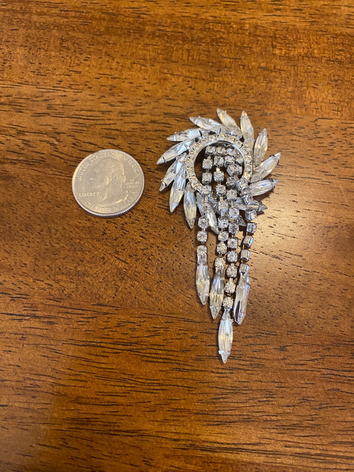 Rhinestone Wreath Brooch With Fringe Dangle Clear Navettes Unsigned