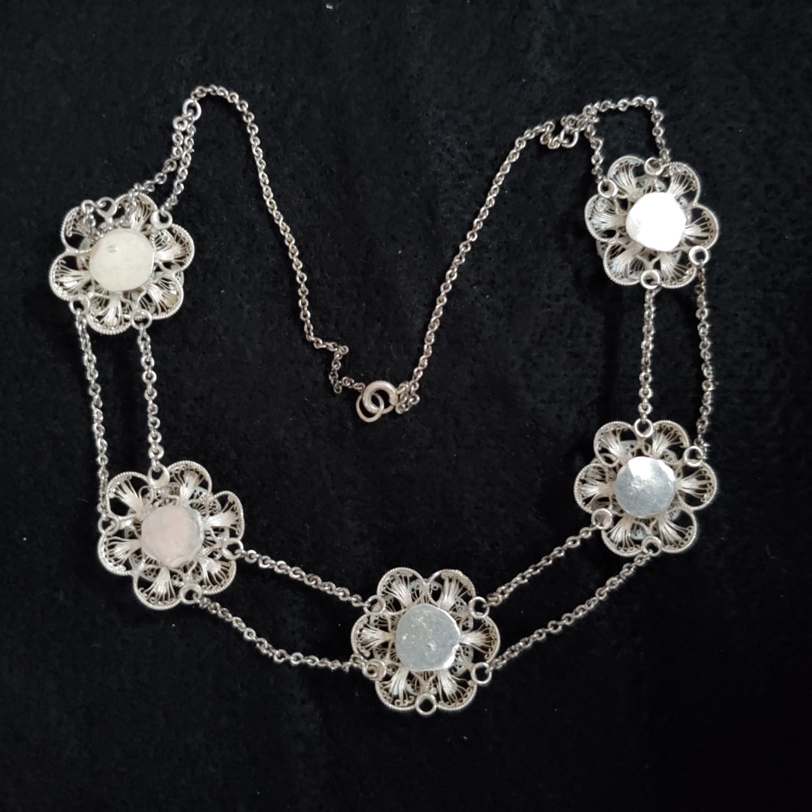 Sterling Silver Cannetille Filigree Necklace Floral Station Swag Choker 15″