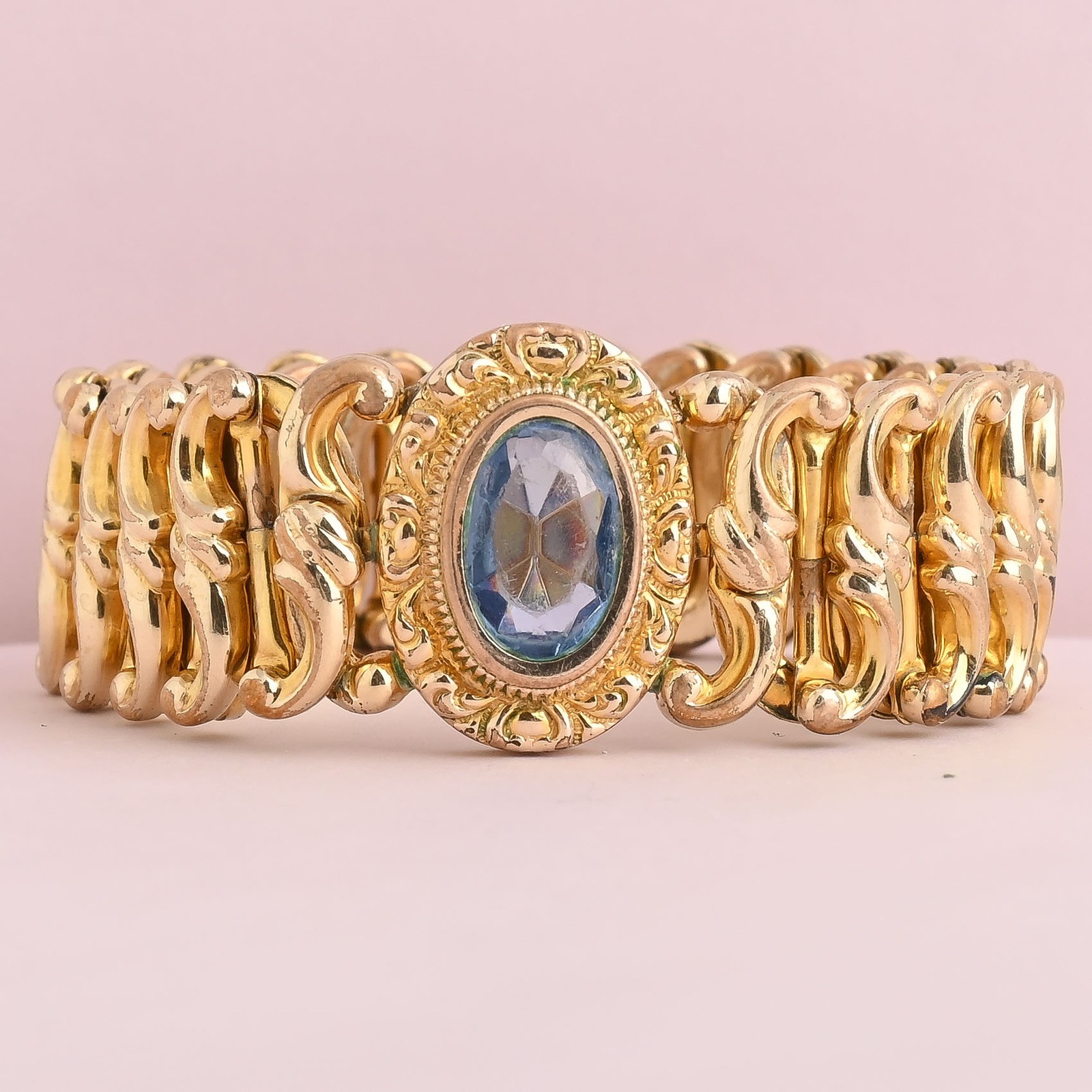 Antique Victorian Blue Paste Glass Yellow Gold Filled Expansion Bracelet