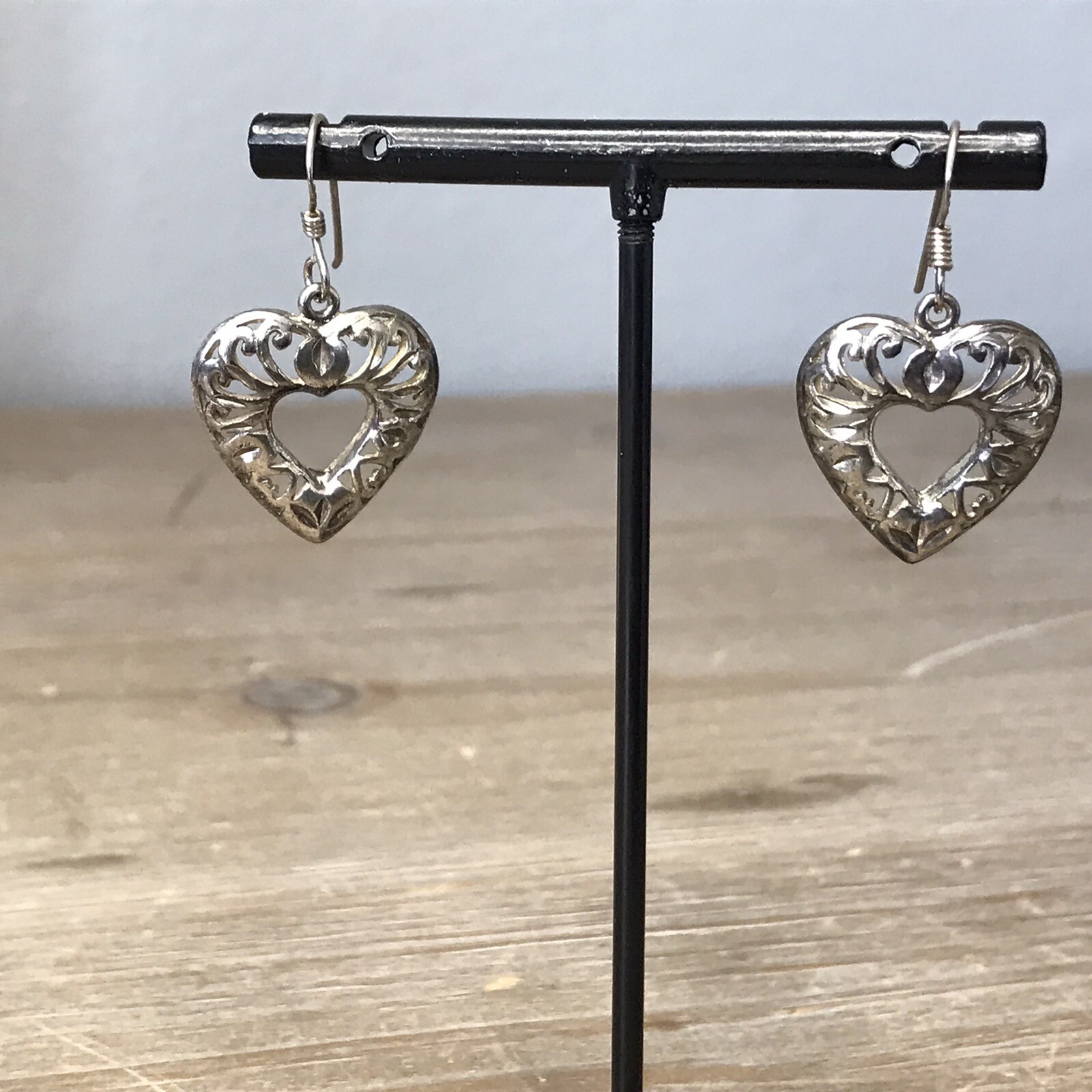 Vintage HAN 925 Sterling Silver Openwork Filigree Dangle Heart Pierced Earrings