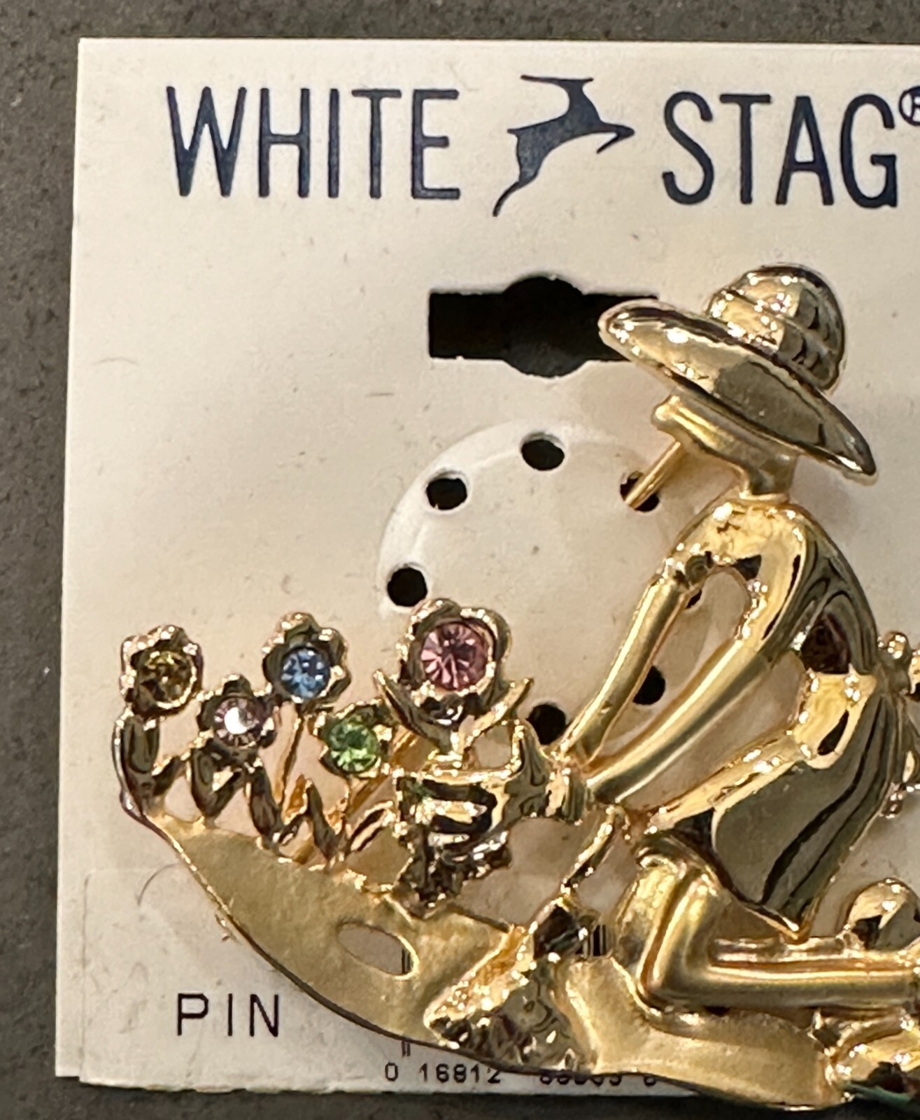 White Stag Gold Toned Gardener Brooch Pin Multi-colored Rhinestone Flowers 2″x2″