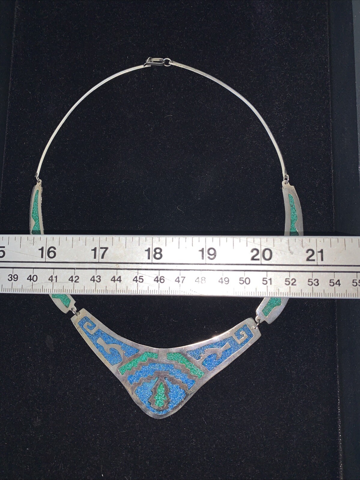 Vintage Alpaca Mexico Turquoise Mosaic Inlay Necklace