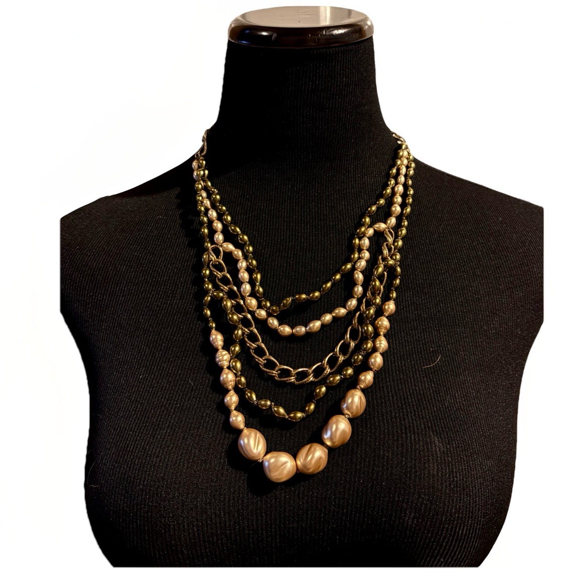 Monet Gunmetal Layered Green Pink Faux Pearl Chain Necklace Toggle Clasp