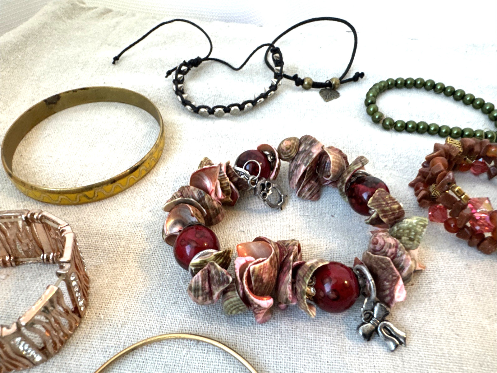 14 Bracelets earthtones glass beads shell textured Goldstone Lot boho 90s hippie