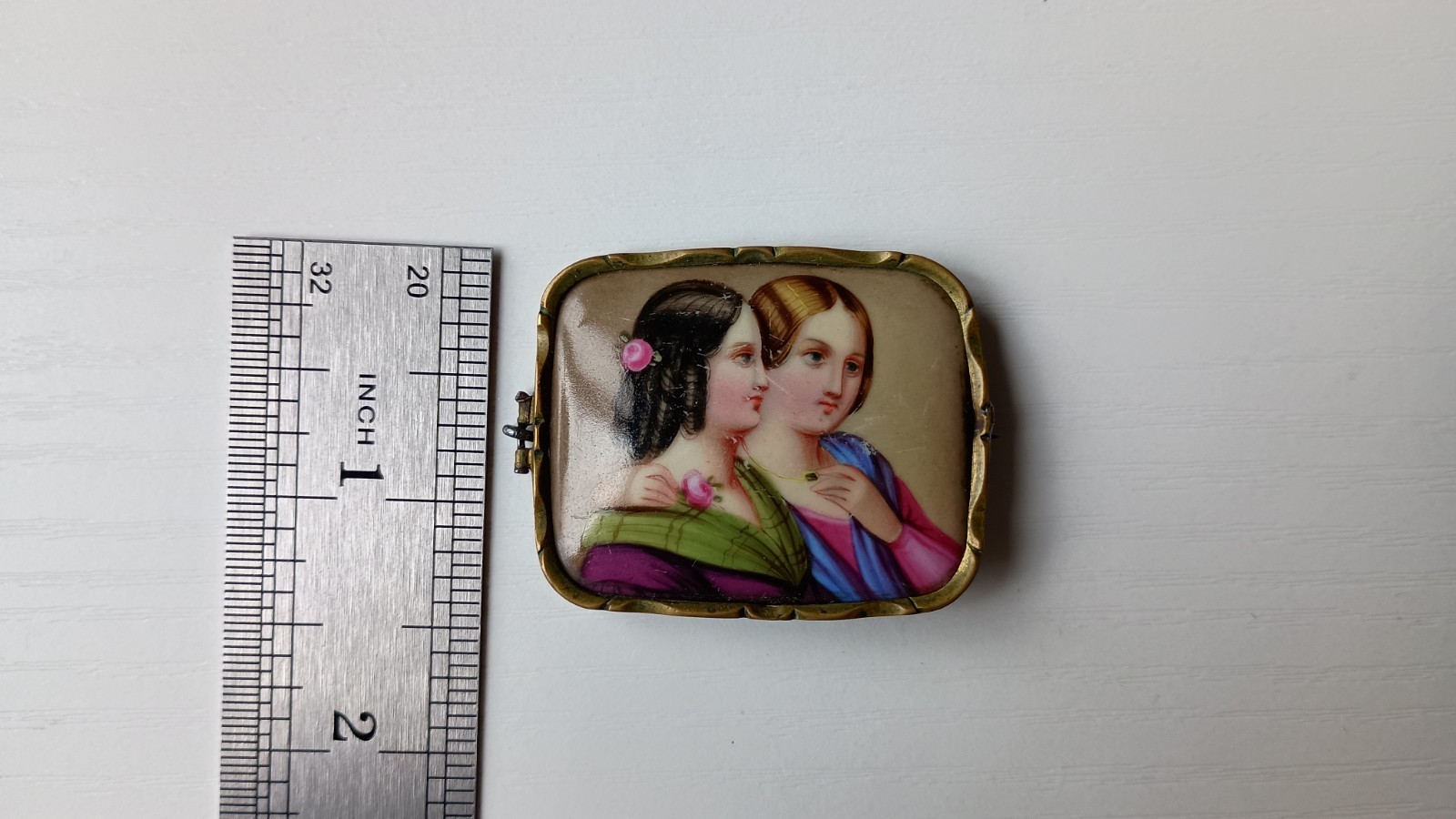 Vintage Portrait Rectangle Gold Tone Brooch, Art Theme