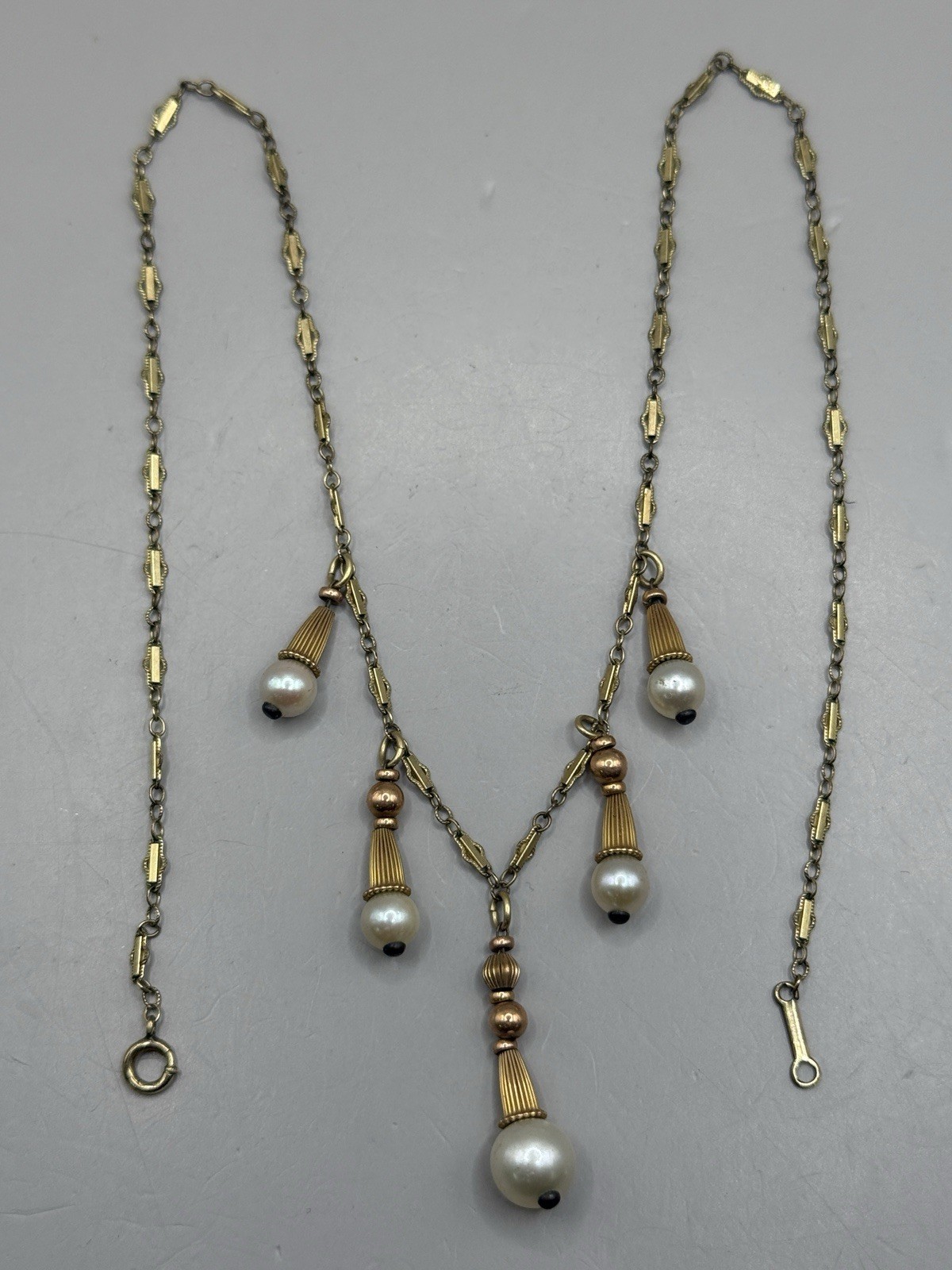 Antique Simmons Gold Filled Pearl Festoon Necklace Edwardian Lavaliere Signed