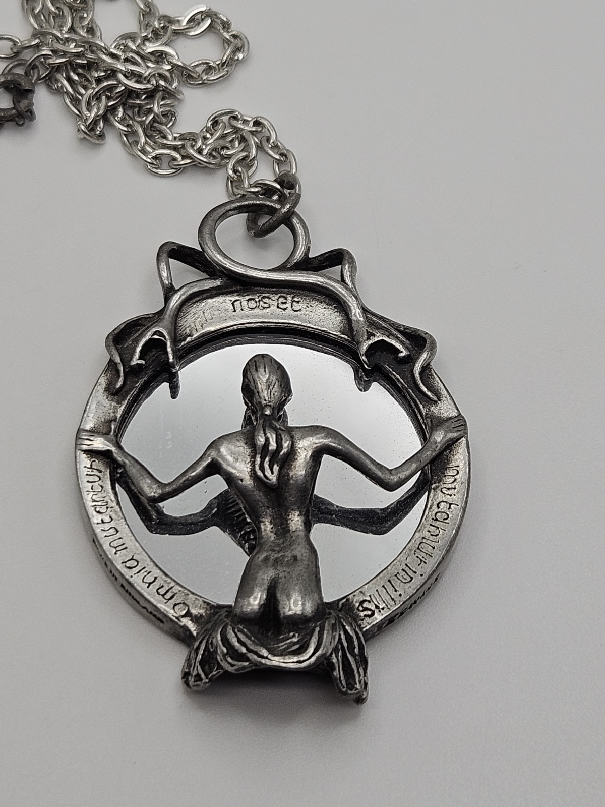 Vintage Alchemy Gothic Speculum Scull Lady Mirrored Pendant Necklace Pewter