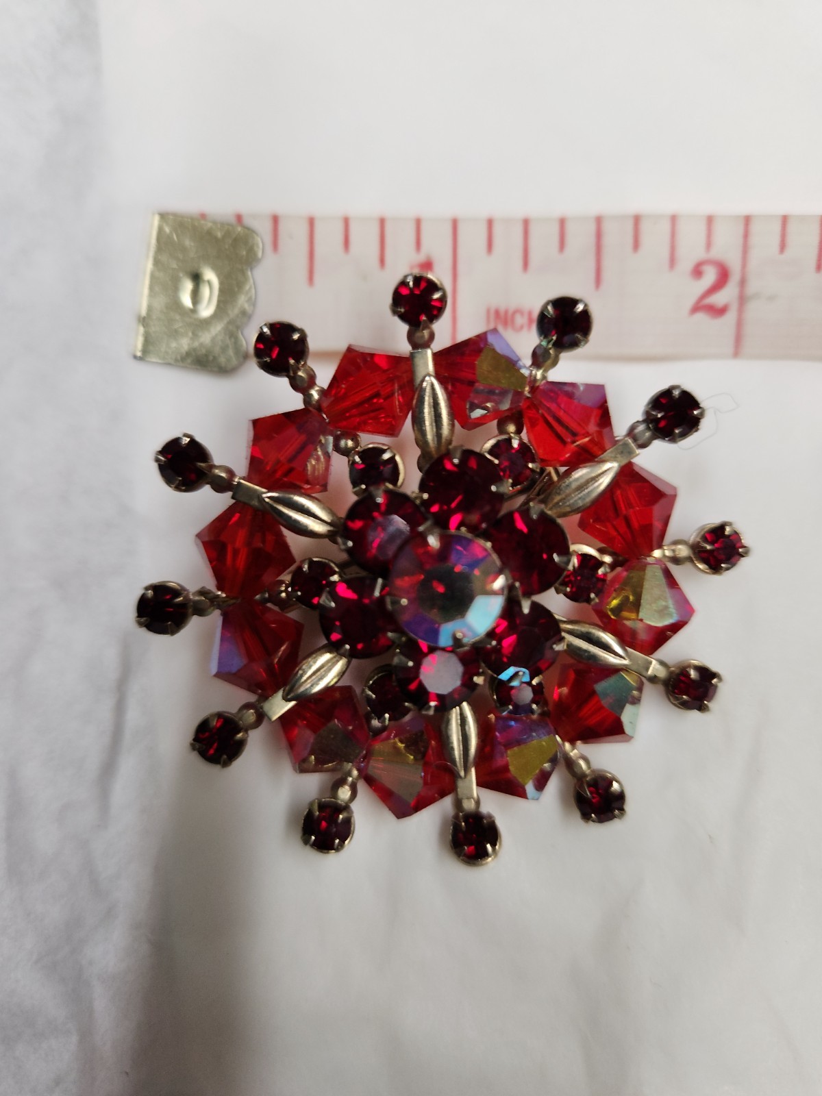 VTG Mid-Century Starburst Red Iridescent Rhinestone & Crystal Beads Brooch