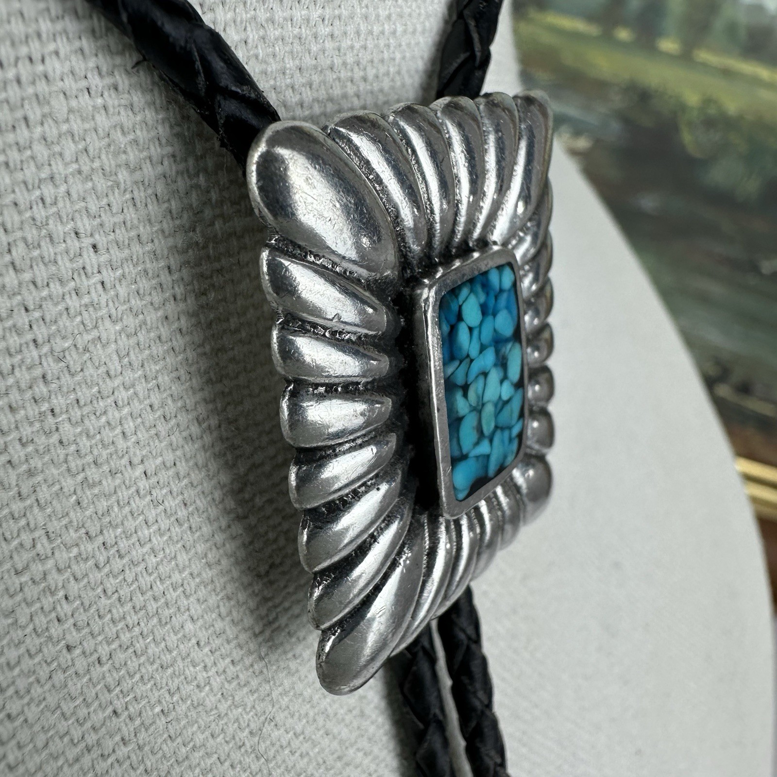 Vintage Silver Pewter Turquoise Chip Inlay Western Bolo Tie Nickel Silver Tips