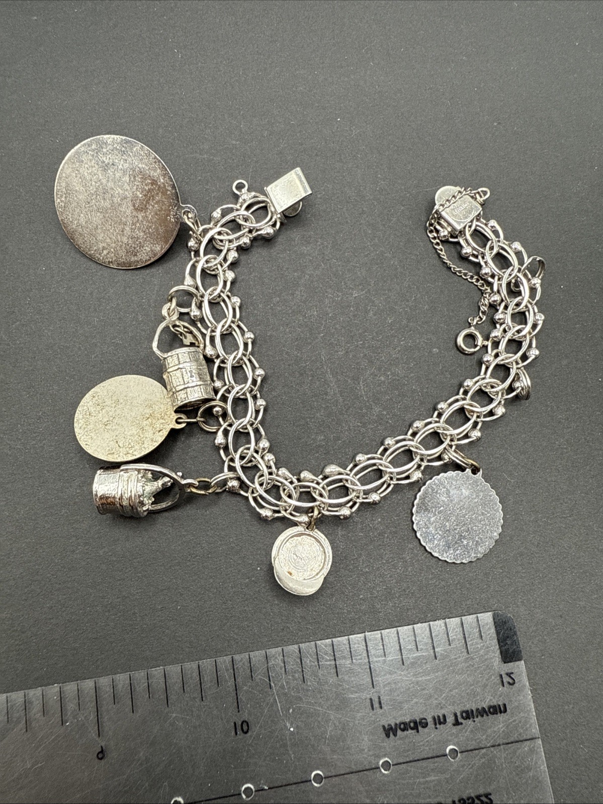 VINTAGE STERLING SILVER CHARM BRACELET Champagne Hat Barrel Grad 32 G 7” J13