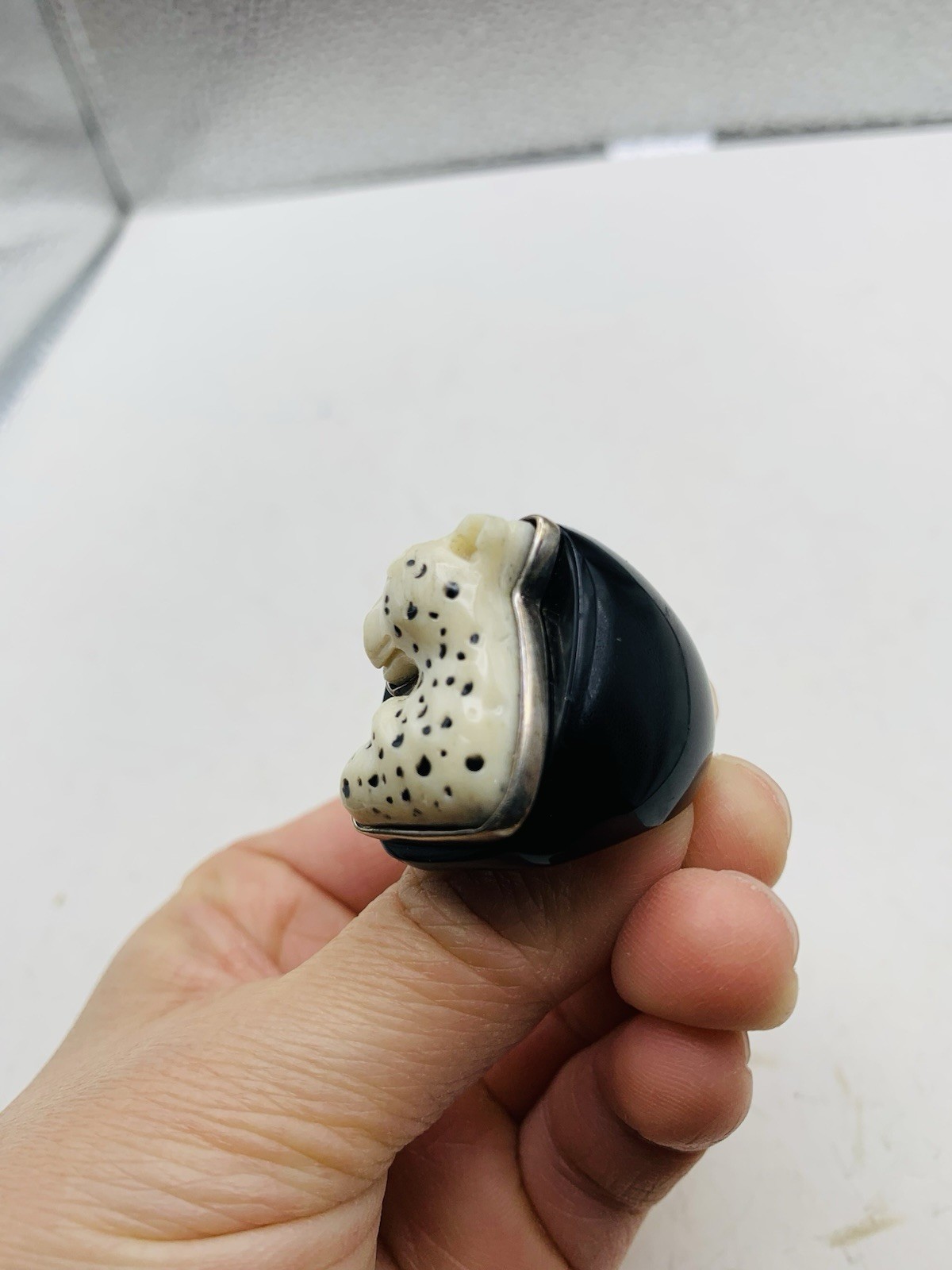 Vintage Unsigned Amy Kahn Russel Sterling Celluloid Leopard Big Cat Sz 9.5 Ring